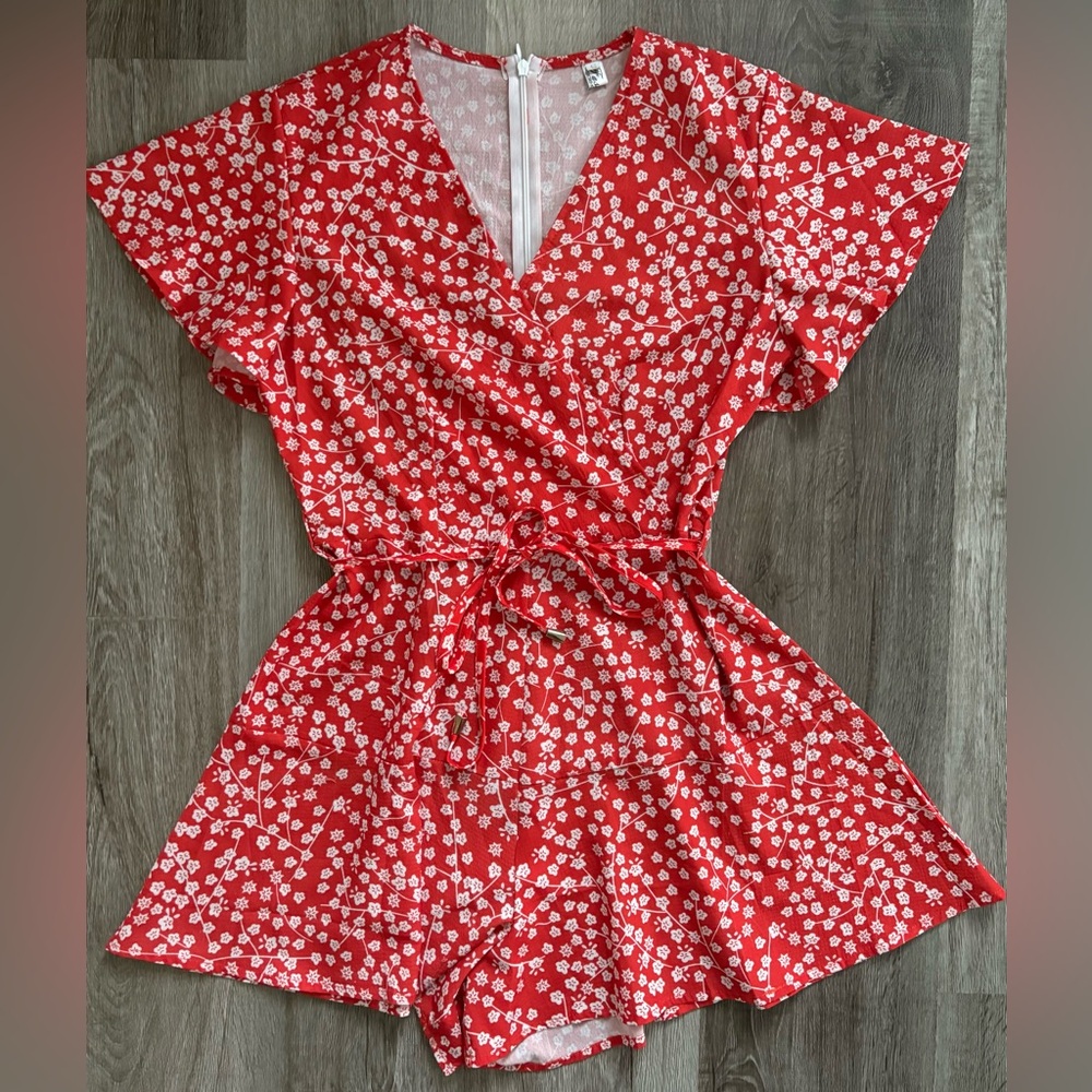 Red and white floral romper